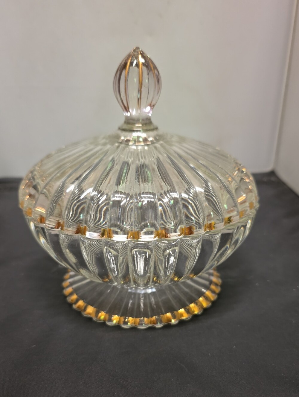 Vintage Jeannette Glass National Covered Candy Nut Dish Gold Trim 1950s MCM - Picture 2 of 6